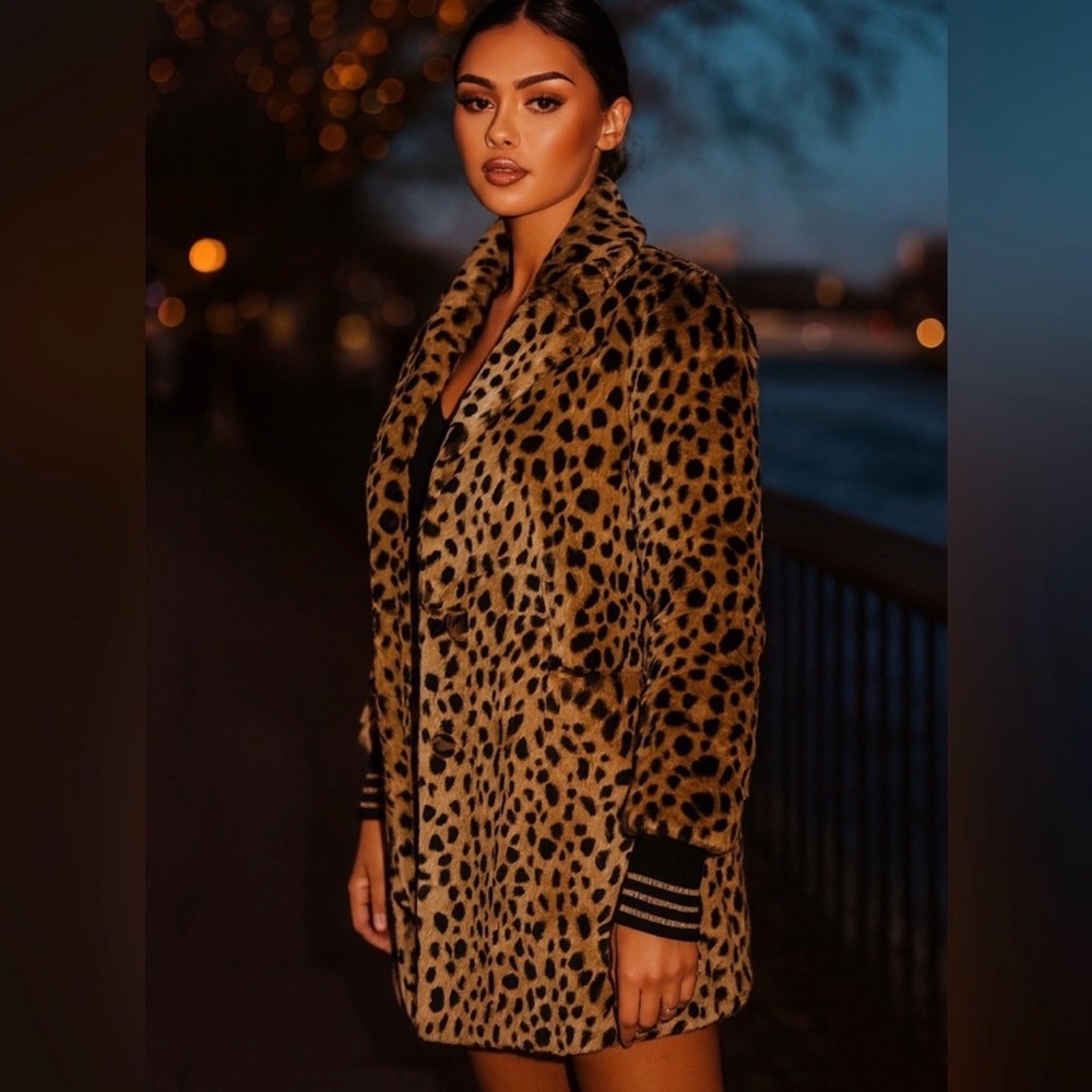 CAbi Tan and Black Leopard-Print Teddy Jacket